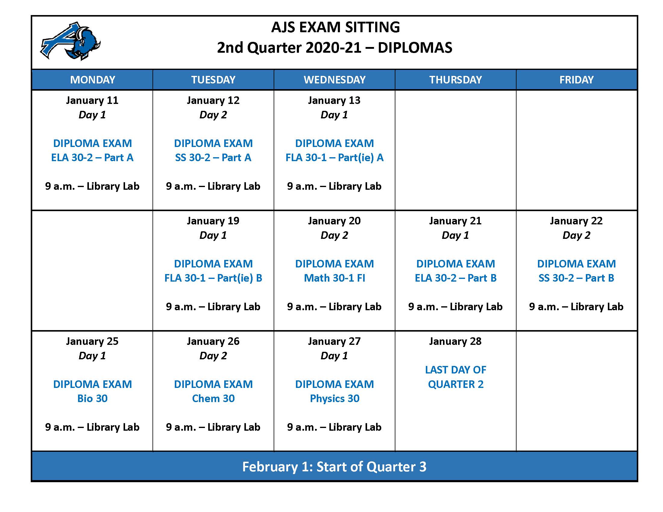 Diploma Exam Schedule 2nd Quarter Ardrossan Junior Senior High